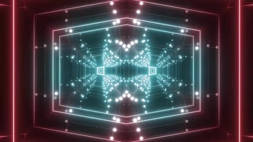 Dynamic digital network with glowing lights and data connections in dark space