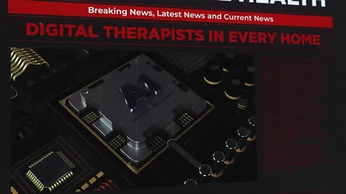 AI Processor Chip Reveal with Futuristic Tech Data and News Headlines