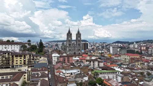 Urban aerial video of the historic center of Quito, Ecuador