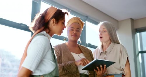 Corporate women, tablet and planning for strategy, target or marketing strategy in office for goal