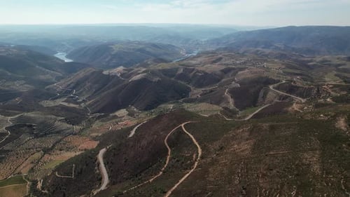 Stunning Nature Landscape with Green Mountain Valley and River. Torre de Moncorvo, Portugal Aerial