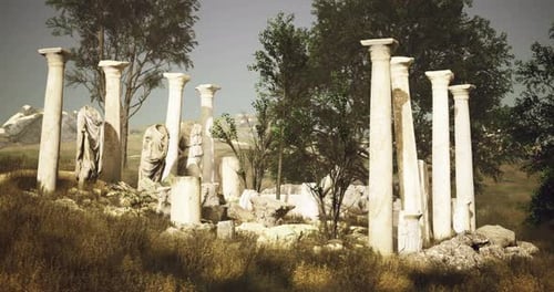 Ancient Ruins Amidst Lush Greenery in a Peaceful Landscape