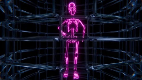 Vibrant Neon Skeleton Dances in a Mesmerizing Digital Kaleidoscope Environment