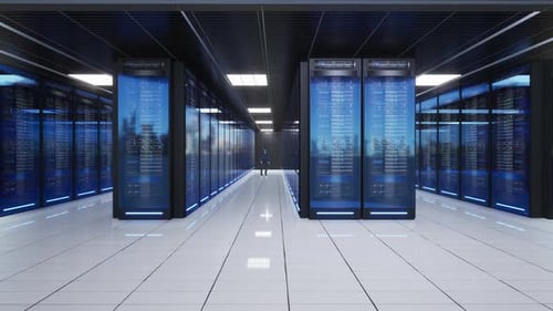 Servidores de red y datos detrás de paneles de vidrio en una sala de servidores