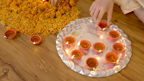 Traditional Oil Lamps Arranged for Diwali Celebration