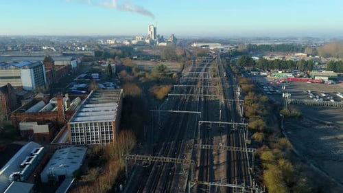 Aerial view of railway tracks and industrial area, United Kingdom.