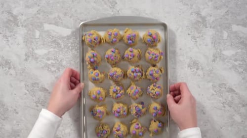 Flat Lay Scooping Cookie Dough with a Dough Scoop to Bake Unicorn Chocolate Chip Cookies