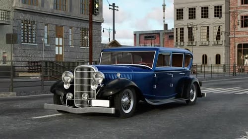 Vintage Blue Classic Car Driving through City Street Animation