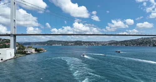 Istanbul Bosphorus Bridge and City Skyline in Background with Turkish Flag at Beautiful Sunset