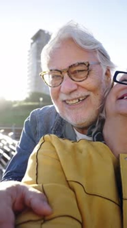 Portrait Happy Senior Tourist Couple Taking Selfie Outdoors in Historical City Photo Mobile Phone