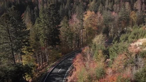 Cars and motorcycle driving on winding asphalt road through mountain forest