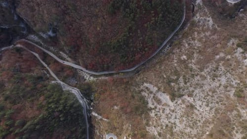 Aerial View of a Autumn Forest Through Which a Winding Road Passes in the Mountains