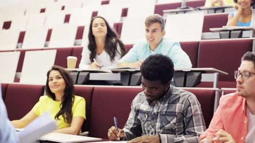 International students study together in a university lecture hall
