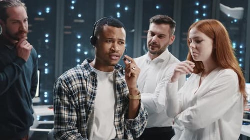 Portrait Cooperative Data Center Staff African American Customer Support Manager Use Microphone