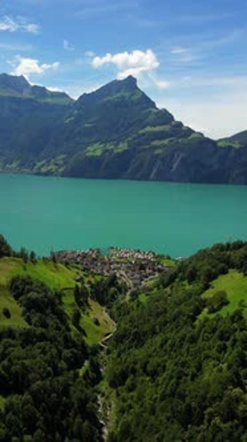 Lake Lucerne Urnersee southeastern part, in Switzerland aerial drone vertical video
