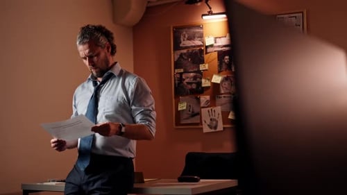 in the Detective's Office Middleaged Investigator in a Shirt and Tie Examines with a Magnifying