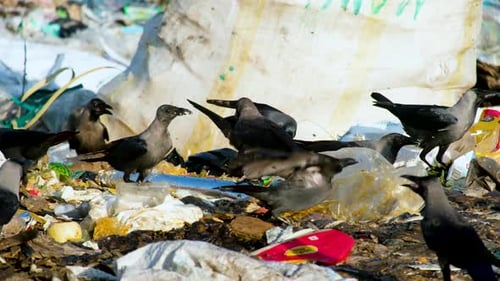 Black crow bird flock hunting through hazardous garbage landfill waste disposal site. Close up