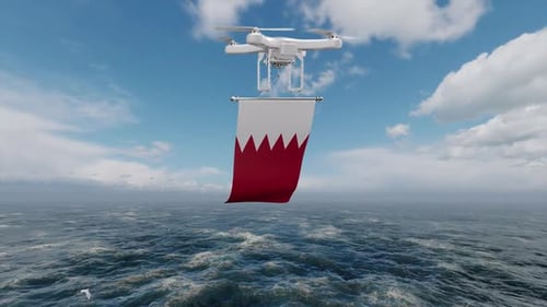 Drone Flying Over Ocean With Bahrain Flag