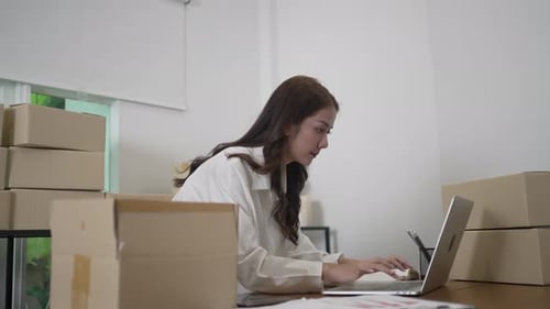 Young Woman Working at Desk with Cardboard Boxes
