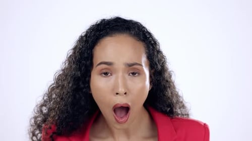 Wow, surprise and face of woman in studio shocked by news, gossip or drama on purple background