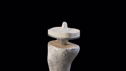 Medical animation showing knee joint replacement surgery with prosthetic components moving