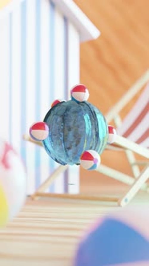 3D Rendering of Small Beach Balls Rolling on Water Sphere in Loop