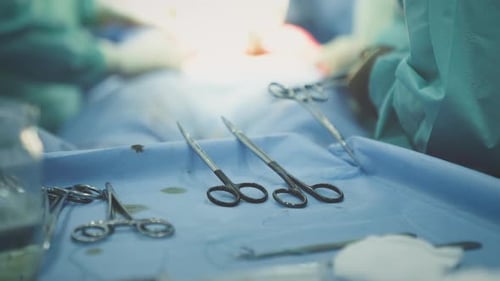 Close Up Medical Scissors Forceps on Operation Table Surgery Tools Equipment Innovative Surgical