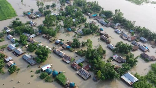 Aerial view of flooded village, Bangladesh.