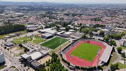 Aerial view of stadium and sports complex, Portugal.