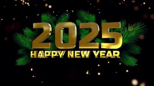 Happy New Year 2025 Golden Decorative Text with Pine Branches