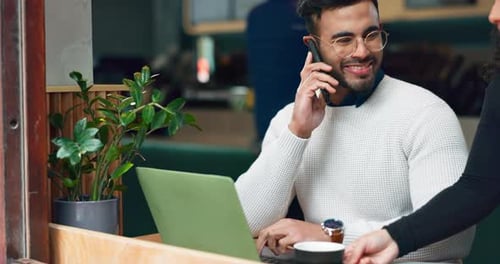Phone call, laptop and man at coffee shop, remote work and communication