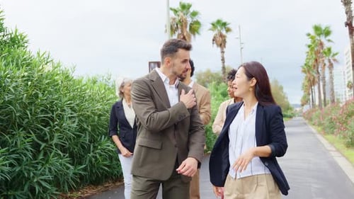 Business Multiethnic People Financial Businesspeople Having Conversation While Walking
