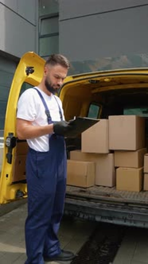 Delivery Man Checking Packages in Van