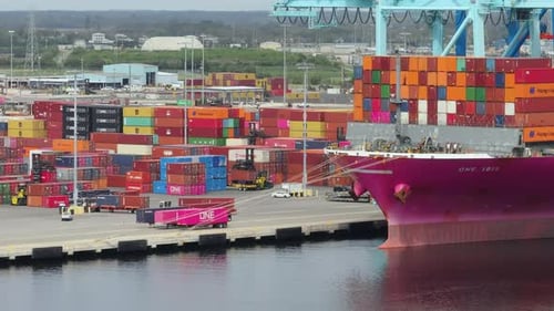 Cargo Container Yard in Sea Port in Savannah Georgia Crane Unloading Freight Containers