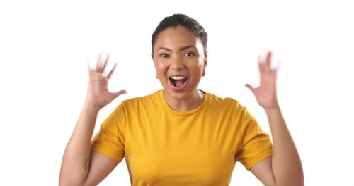 Surprised Woman Gesturing with Excitement on White Background
