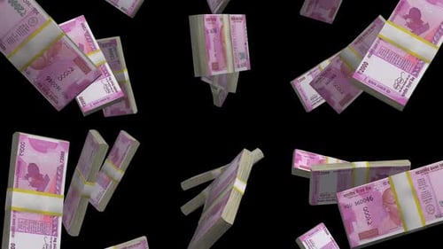 3D Falling Indian Rupee 2000 Note Bundles