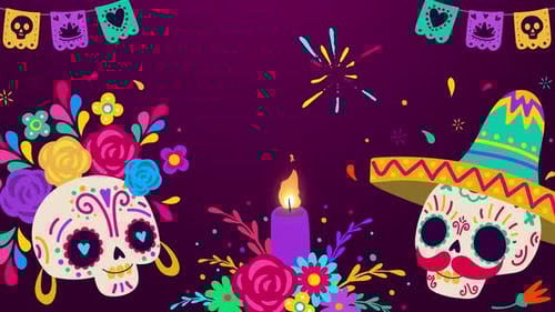 Colorful Day of the Dead Sugar Skulls and Flowers Celebration