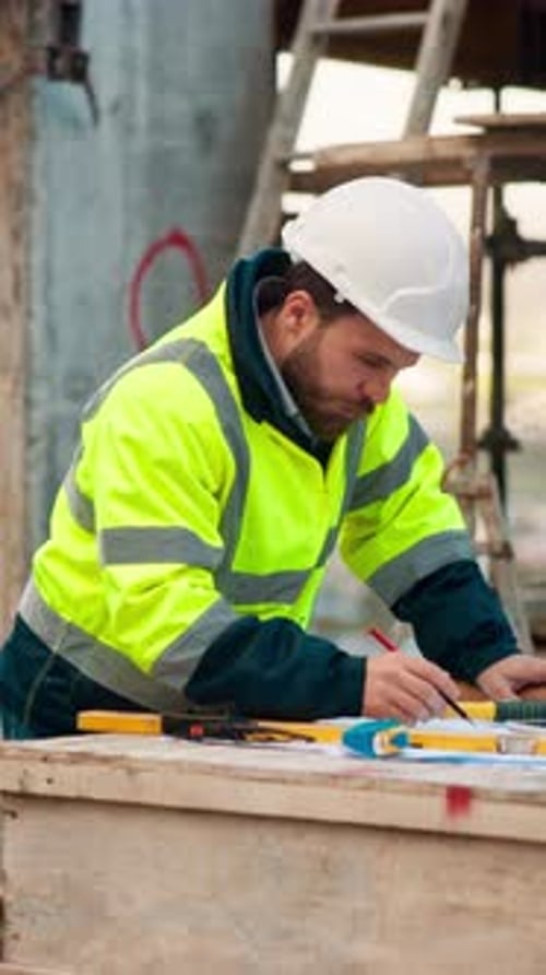 Construction, planning and writing with man on building site for project management or review