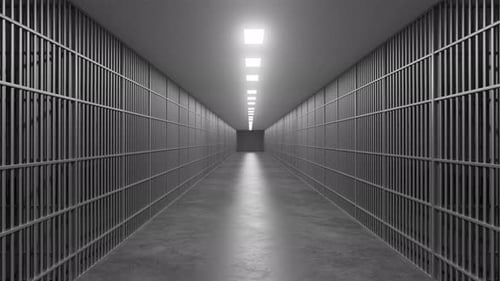 Empty jail corridor with metal bars and artificial lights