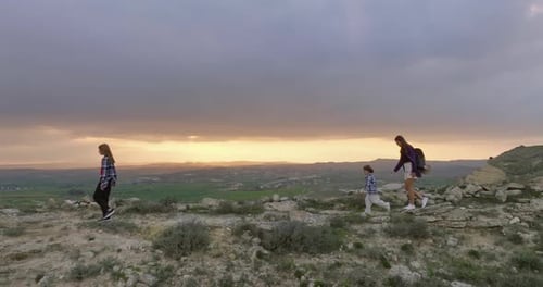Aerial View Lifestyle of a Family Hiking in the Mountains