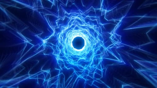 Abstract glowing light hi-tech energy blue electric tunnel frame of lines and particles tunnel