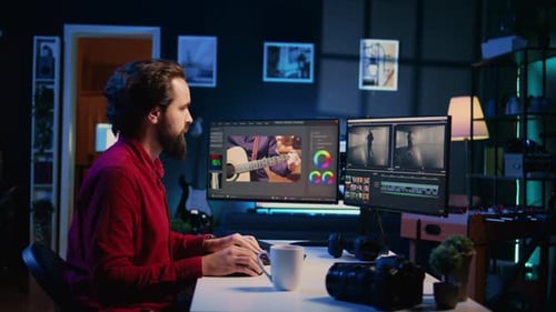 Expert Using Post Production Techniques to Edit Raw Clips Footage on Isolated Screen Monitor