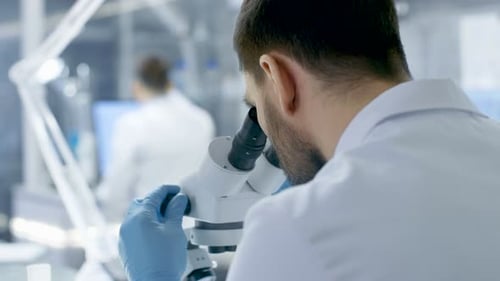 Over the Shoulder View of a Research Scientist Looking into Microscope. He's Conducts Experiments w