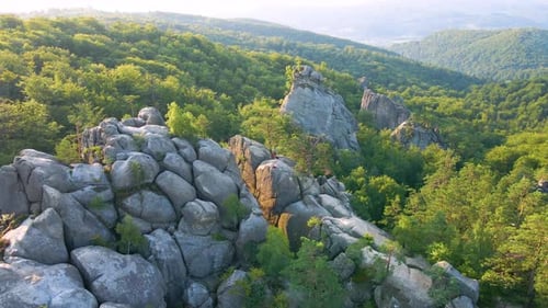 Luftbild einer hellen Landschaft mit grünen Waldbäumen und großen Felsbrocken zwischen dichten Wäldern