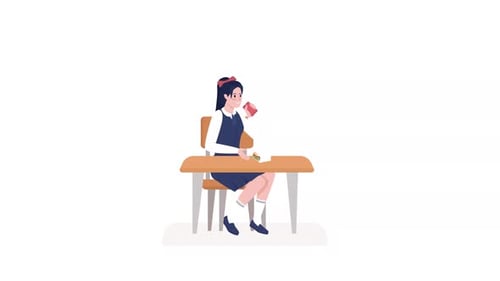 Animated Student Eating at Desk Flat Design