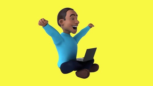 Lustiger 3D-Cartoon-Freizeitcharakter mit einem Laptop (mit Alphakanal)