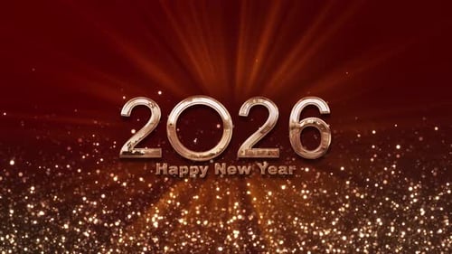 Happy New Year 2026 golden shine glittering snowball animation on black background. Happy New Year