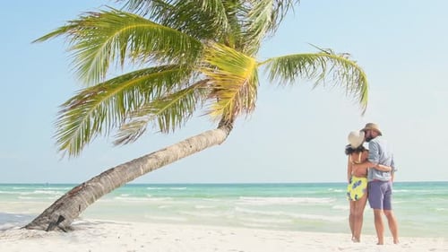 Young Couple Kiss Enjoy Beach Vacation In Tropics
