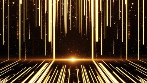 3D Wall of Glitter Abstract Particles Bright Golden Rays on The Floor Luxury Space