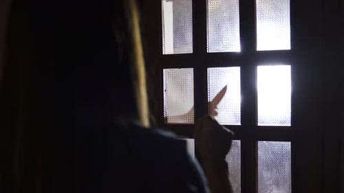 Woman afraid of knife silhouette at home.